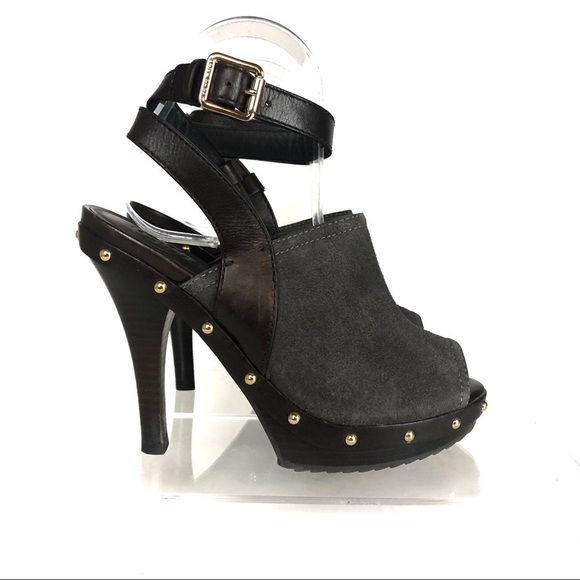 Tory Burch Bilson Clog Suede Leather Studs Ankle Strap Peep Toe Sandal Heels 6 - Picture 1 of 8